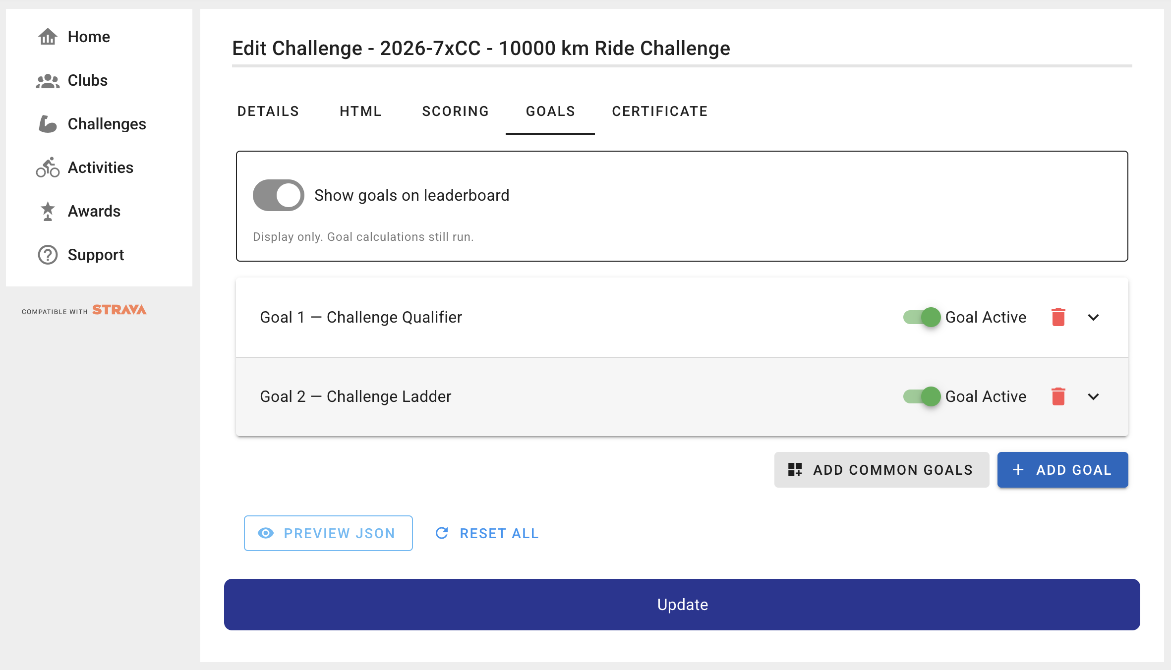 Challenge goals and milestone configuration