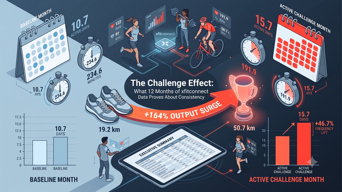 Athletes training together while a visible progress line climbs as challenge participation increases