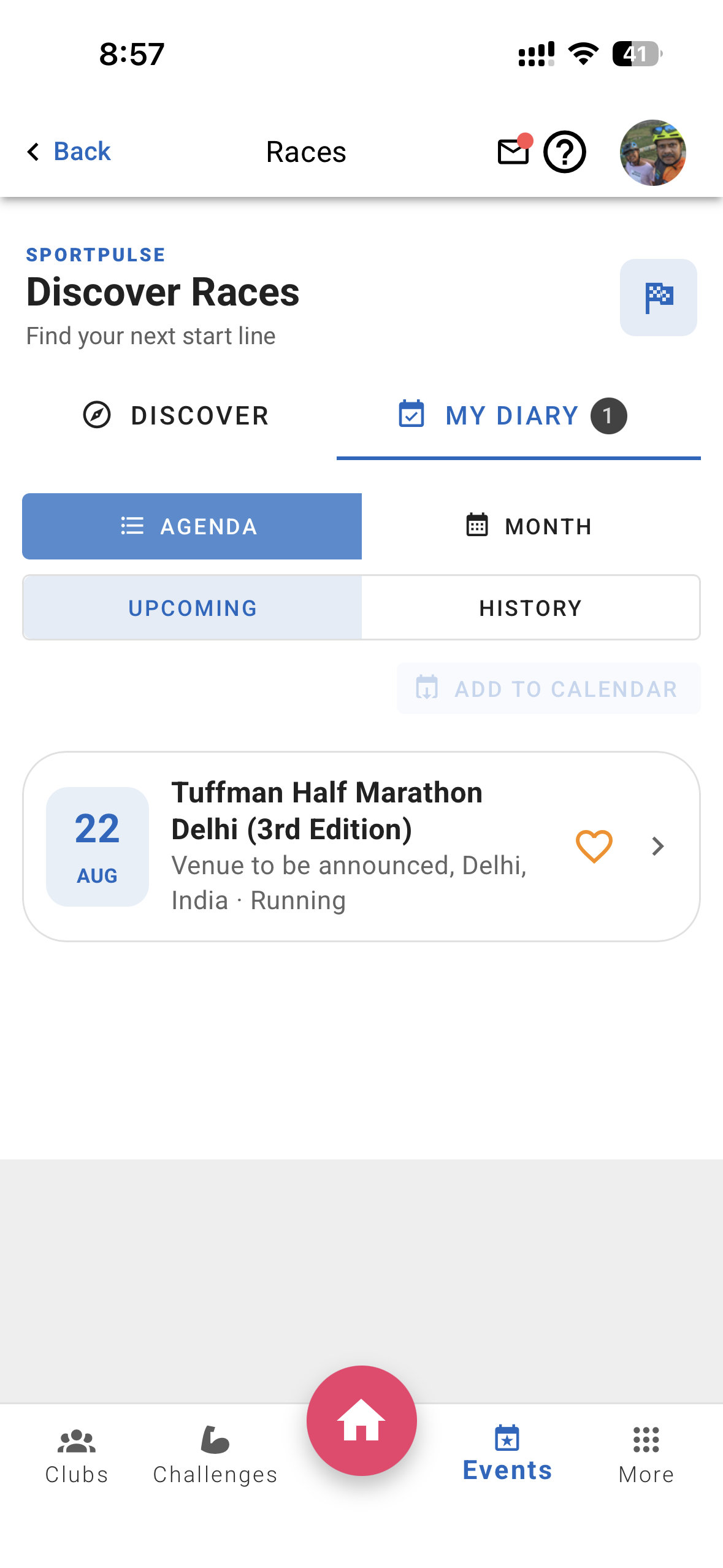 Xfitconnect My Diary agenda showing an upcoming saved race