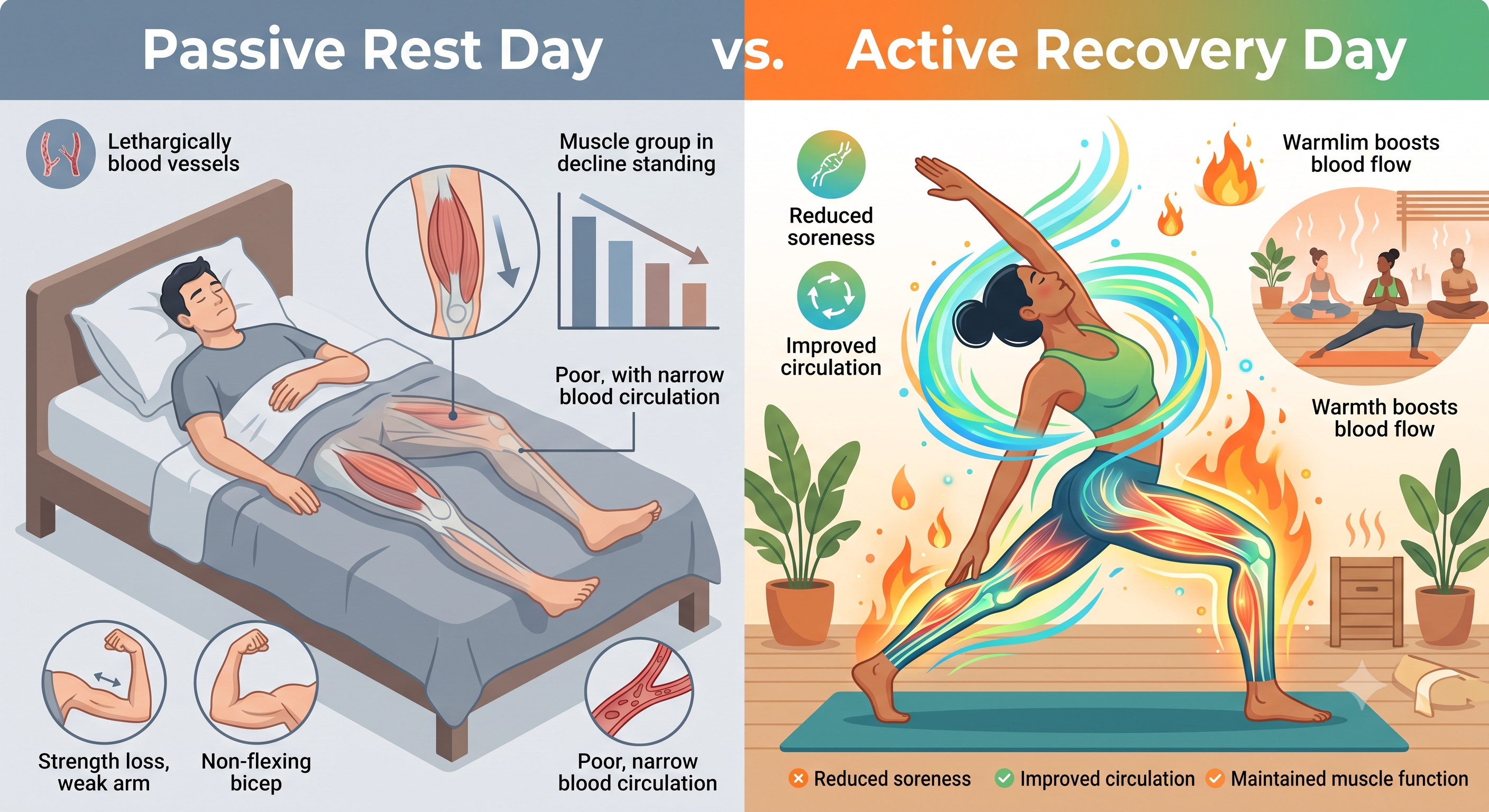 Illustration comparing passive rest with active recovery for muscle soreness, circulation, and recovery